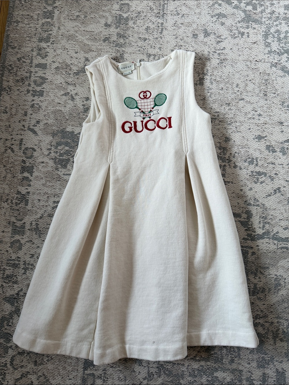 Gucci Cream Girls' Sleeveless Dress with Red Logo and Green Tennis Motif